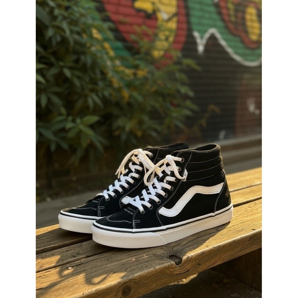 Vans Sk8-Hi High Top Sneakers Black White Womens 10